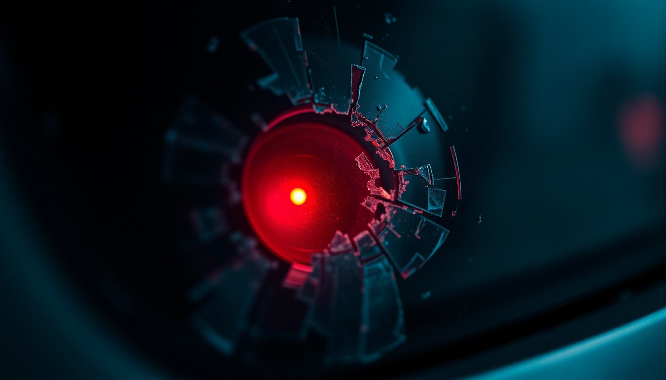 An extreme close-up photograph of a shattered car sensor lens reflecting a faint red light, conceptually representing the controversy and uncertainty surrounding a high-profile incident involving the use of a firearm for self-defense.