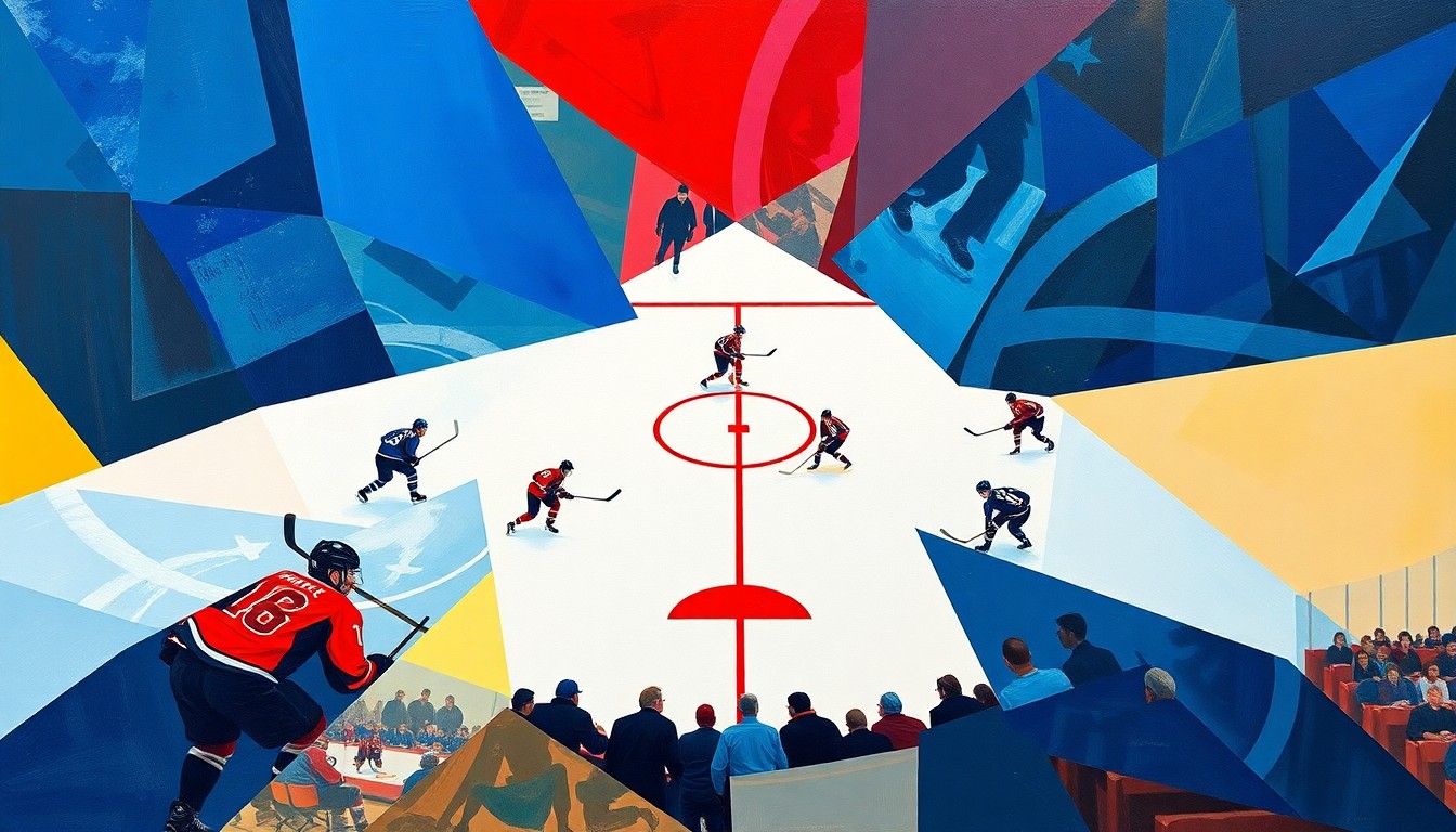 A fractured, multi-perspective painting depicting a hockey game, with the players and ice reduced to angular, intersecting shapes in a vibrant color palette of deep blues, bright reds, and sharp whites.