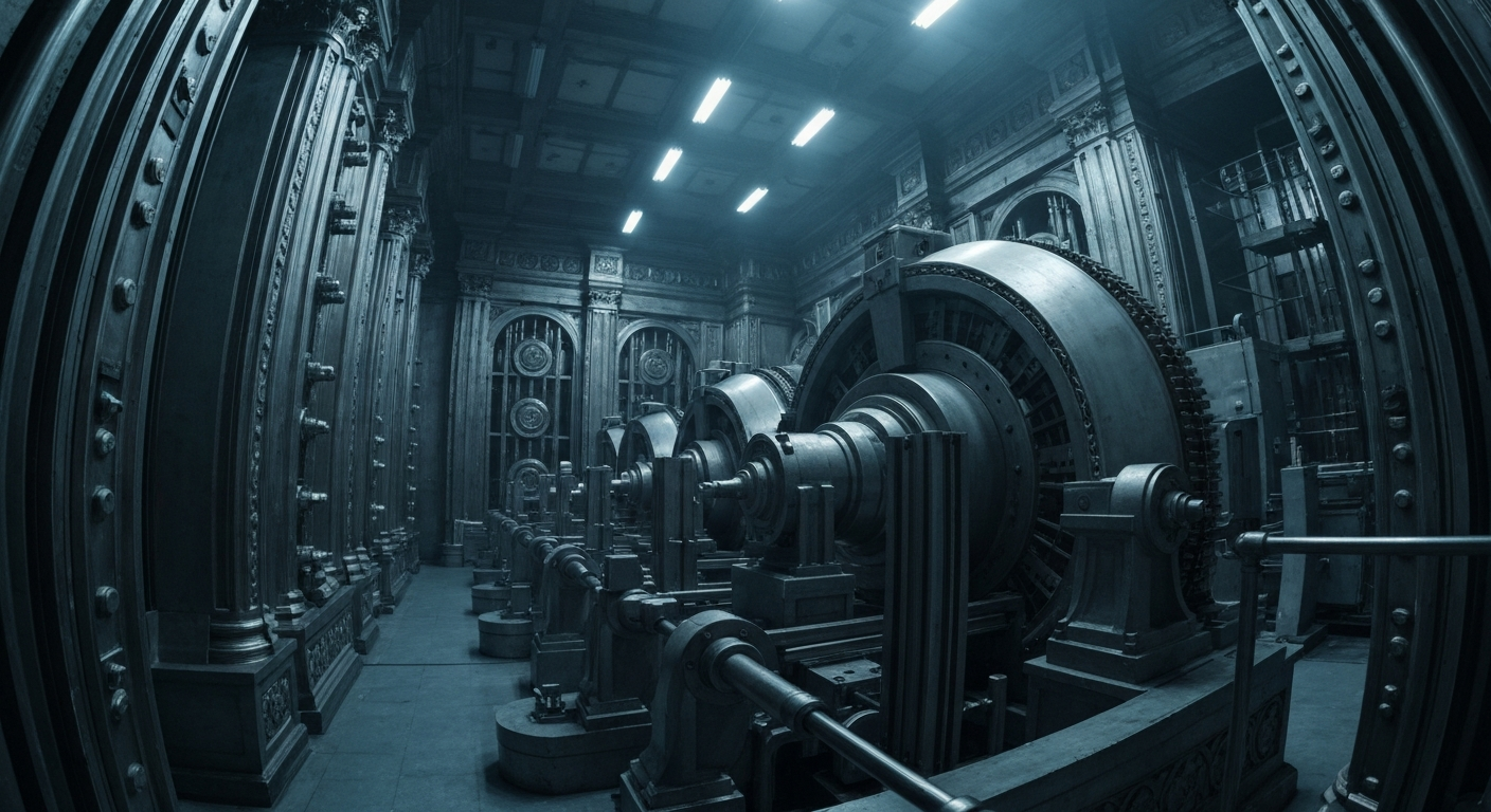 An extreme close-up of gleaming, industrial-grade banking equipment and vaults, conveying the secure infrastructure behind Morgan Stanley's new spot Bitcoin ETF as a metaphor for the mainstreaming of cryptocurrency.