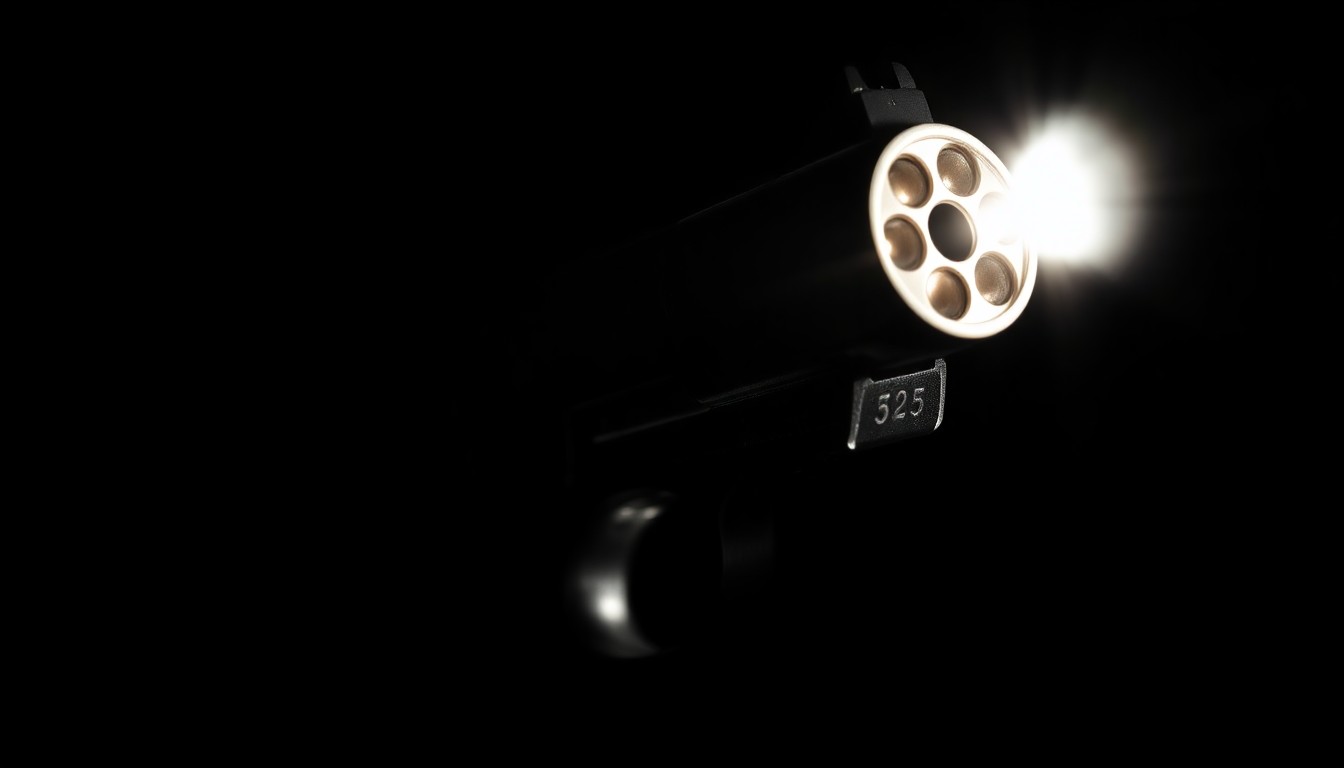 An extreme close-up photograph of a loaded revolver with an obliterated serial number, lit by a harsh, direct camera flash against a pitch-black background, creating a stark, gritty, investigative aesthetic.