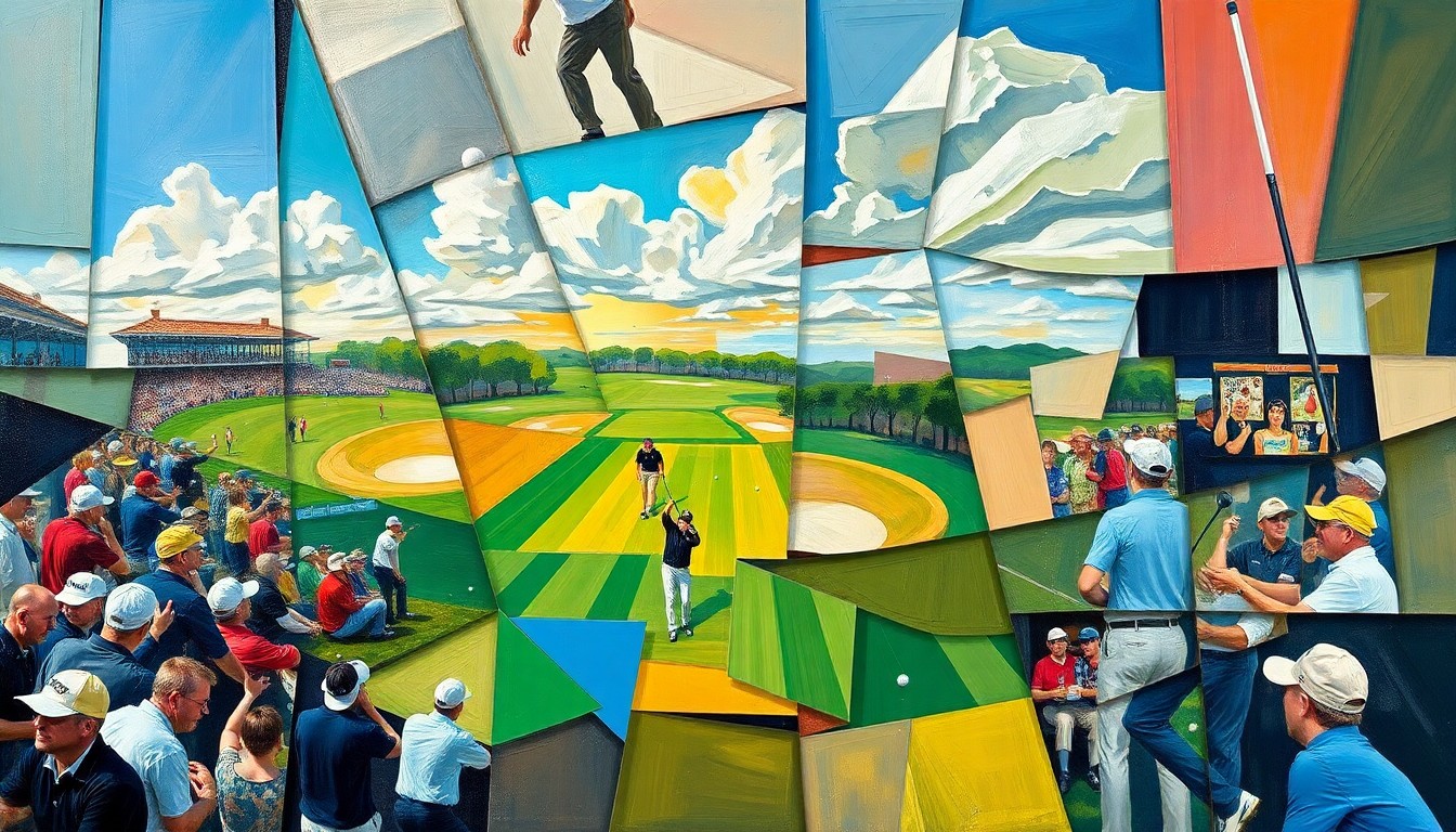 A fragmented, geometric painting depicting a golf tournament, with overlapping planes of color and form representing the dynamic action and competing storylines of the event.