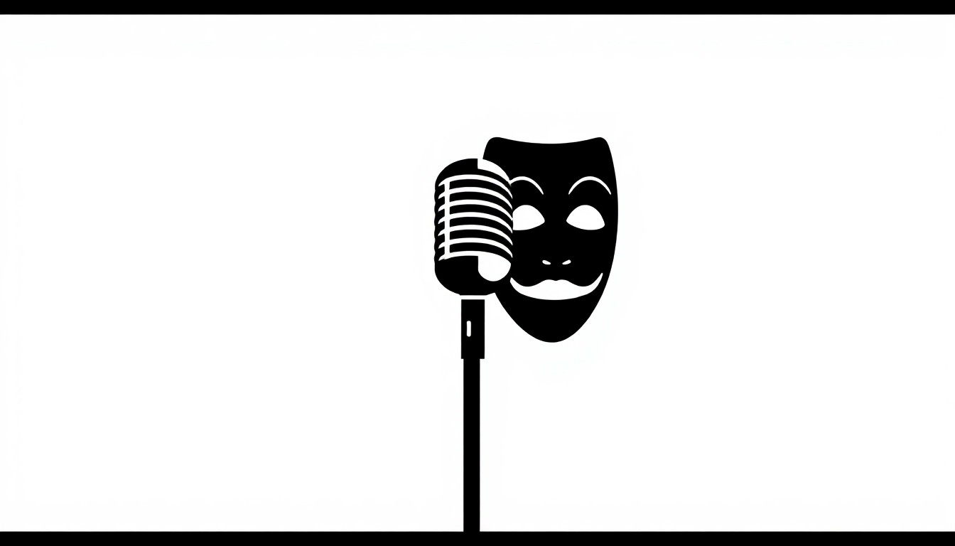 A bold, graphic black and white illustration featuring a simple silhouette of a microphone and comedy mask, conceptually representing the duality of Alex Duong's career as a beloved comedian and actor.