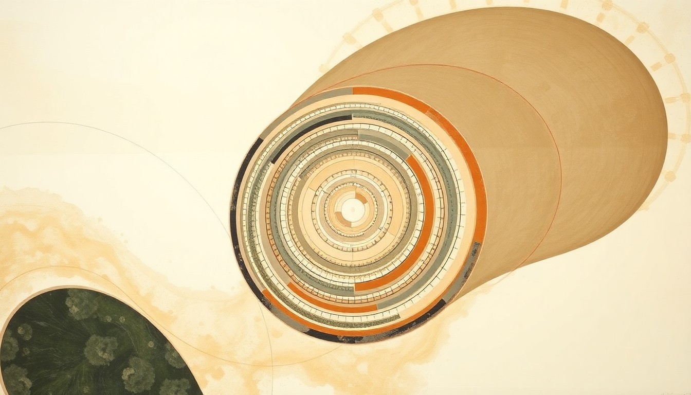 An abstract, geometric painting in earthy tones depicting the intricate interplay of renewable energy, battery storage, and local governance, conveying the structural order and tensions of the evolving energy grid.