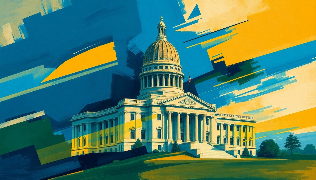 A vibrant, abstract painting featuring the Montana state capitol building rendered in overlapping, geometric brushstrokes of deep blue, forest green, and ochre, capturing the dynamism and energy of the political process.