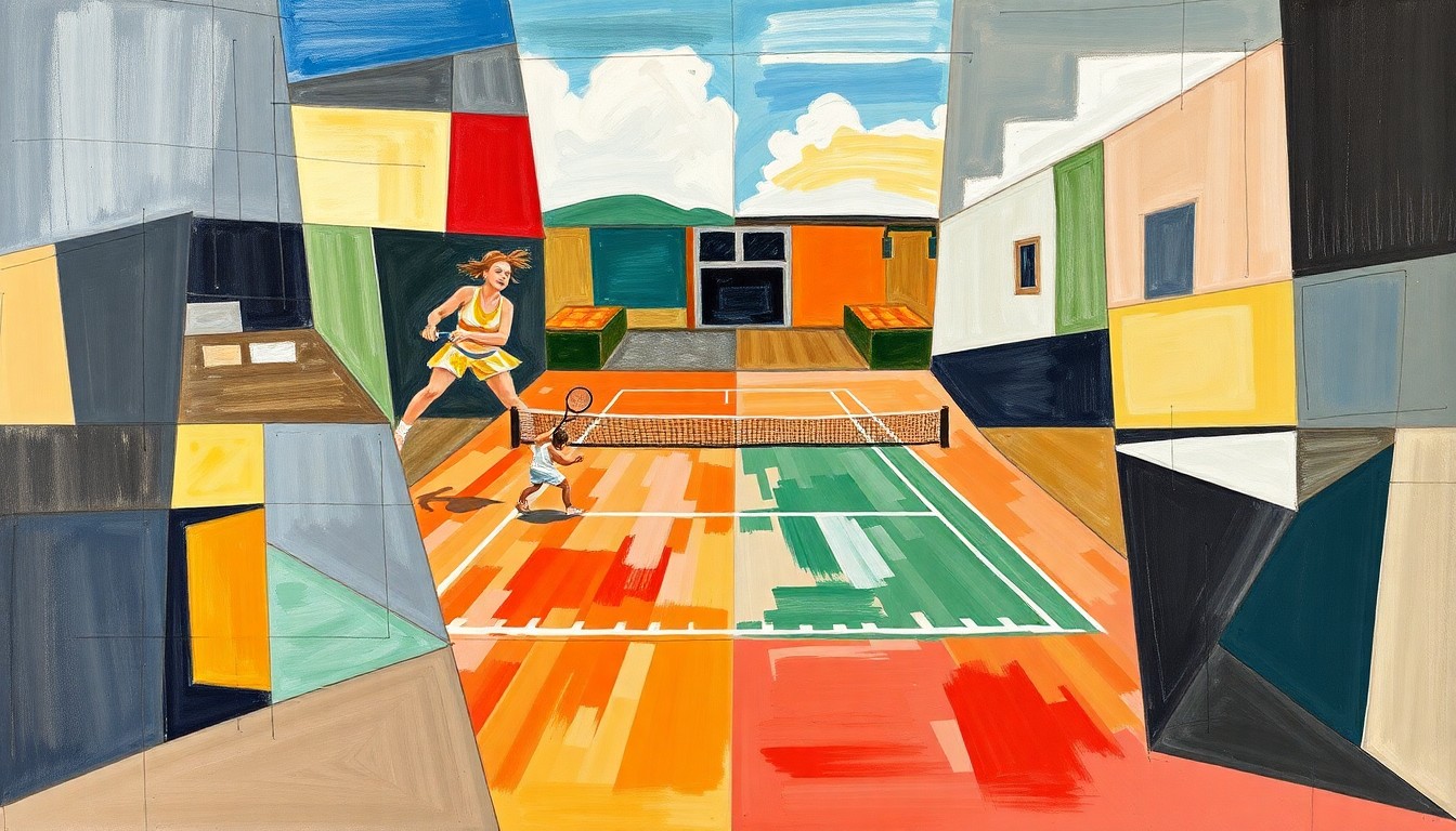A fragmented, geometric painting depicting the dynamic movements and intense competition of a tennis match, with the players' forms broken down into sharp, angular shapes in a cubist style.