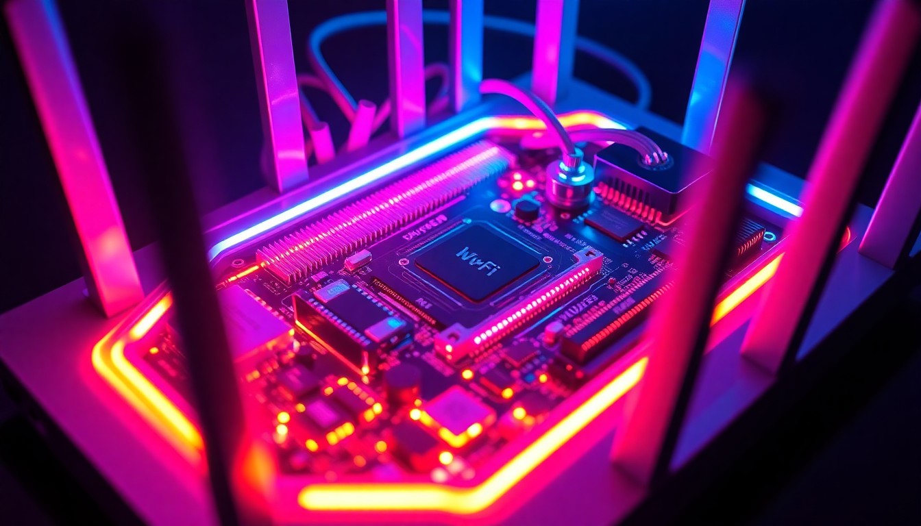 A highly detailed, glowing 3D illustration of the internal components of a Wi-Fi router, with neon cyan and magenta lights illuminating the circuit boards, antennas, and other hardware elements, conceptually representing the complex and interconnected nature of modern networking infrastructure and the potential vulnerabilities that can be exploited.