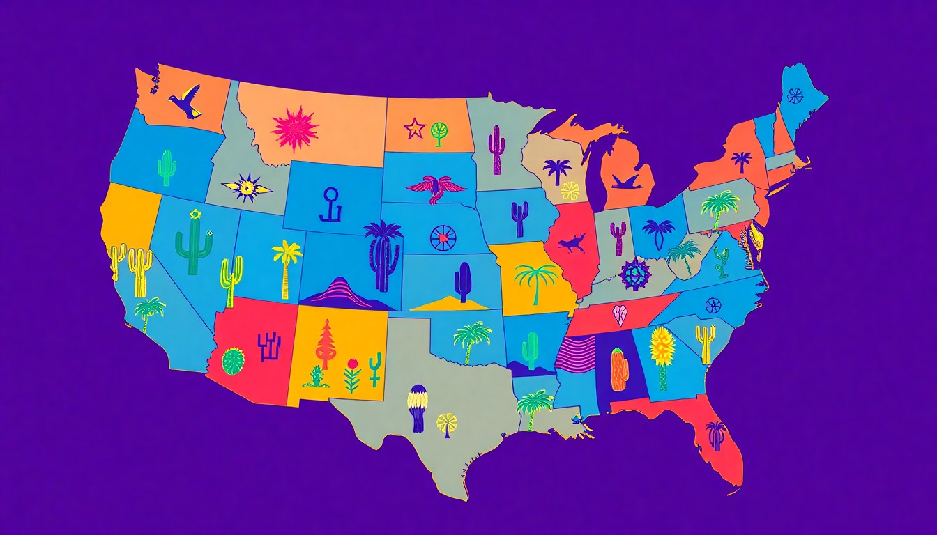 A bold, abstract silkscreen illustration featuring repeating patterns of stylized regional symbols like palm trees, cacti, and rolling hills, all in a vibrant neon color palette, representing the diverse and shifting demographics across the United States.