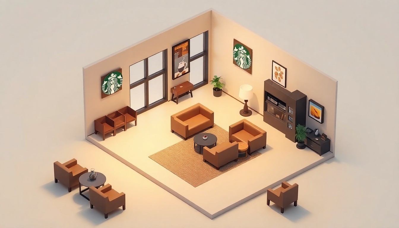 A stylized, isometric 3D illustration depicting the interior of a redesigned Starbucks coffeehouse, featuring warm, cozy furnishings and decor elements that convey a sense of community and relaxation.