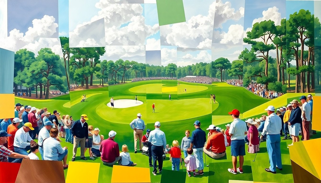 A cubist-style painting depicting the Masters Par 3 Contest, with overlapping geometric shapes and planes representing the various elements of the event, including golfers, families, and the iconic Augusta National landscape.