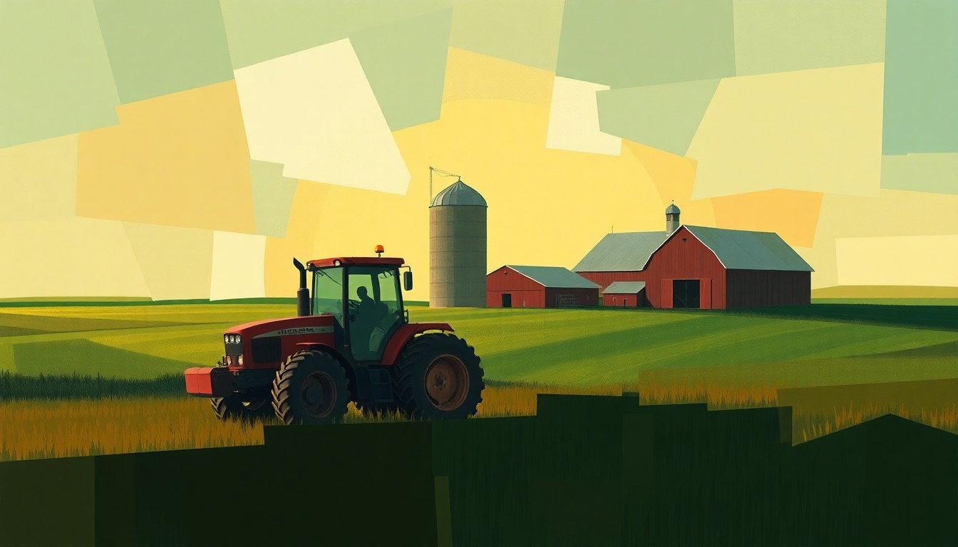 A dynamic, fragmented painting depicting the elements of a Nebraska farm - a tractor, silo, and barn - in warm, earthy tones, conveying the uncertainty and disruption facing the state's agricultural community if tax reforms are allowed to expire.