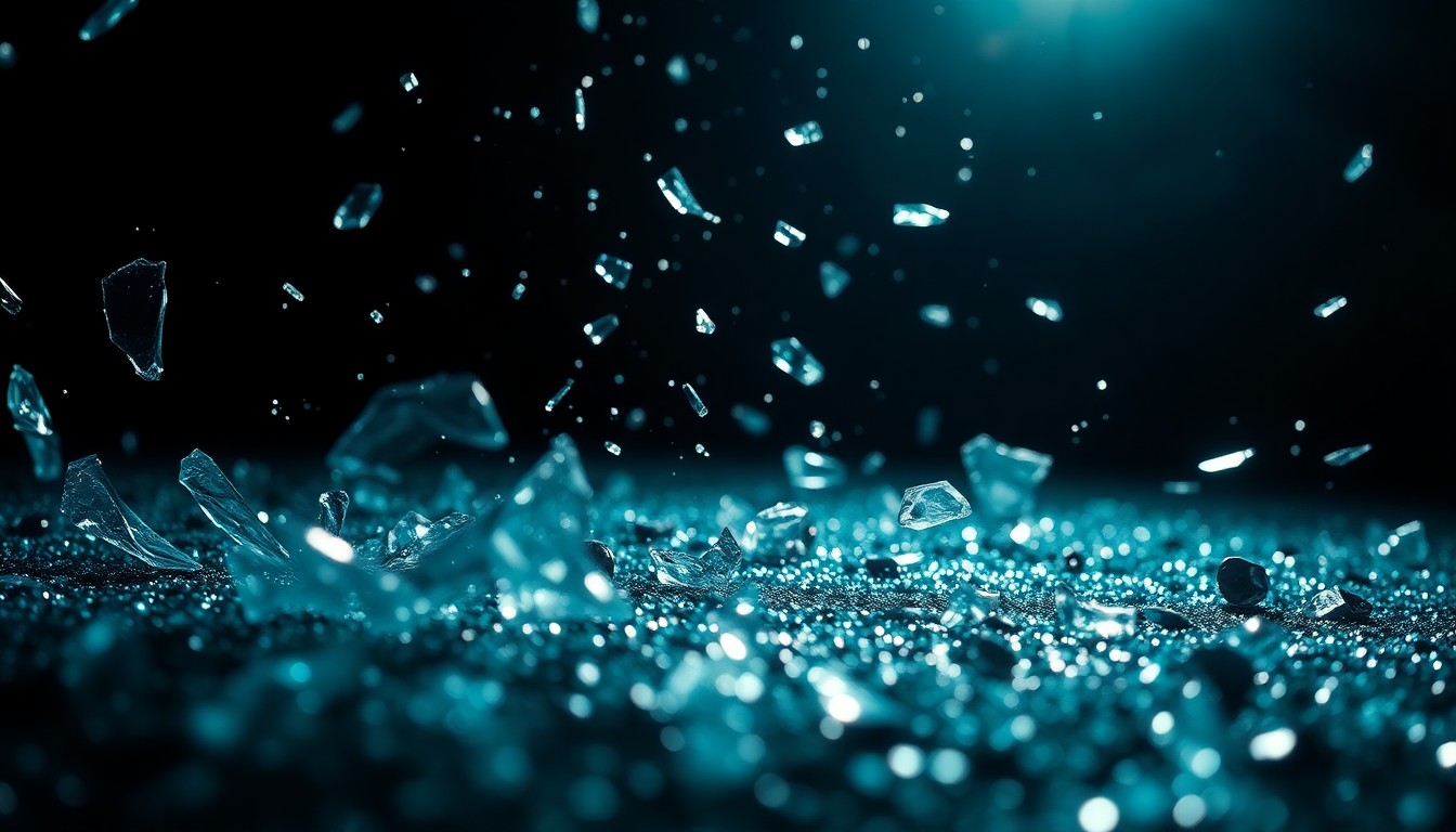 An abstract close-up image featuring shattered glass and glittering sequins, captured in dramatic, high-contrast studio lighting to convey the intense and glamorous tone of the upcoming action thriller Barracuda.