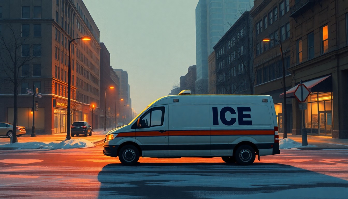 A serene, cinematic painting of an ICE vehicle parked on a snowy Minneapolis street, the warm light and deep shadows creating a contemplative, melancholic mood that reflects the tensions surrounding the investigation.