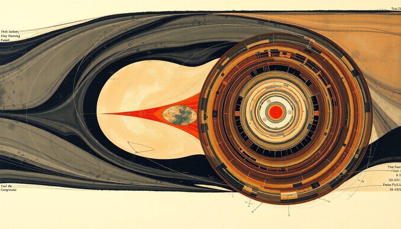 An abstract, highly structured painting in soft, flat colors depicting sweeping geometric arcs, concentric circles, and precise spirals, conceptually representing the complex forces and innovations behind the record-breaking 34th flight of a SpaceX Falcon 9 booster.