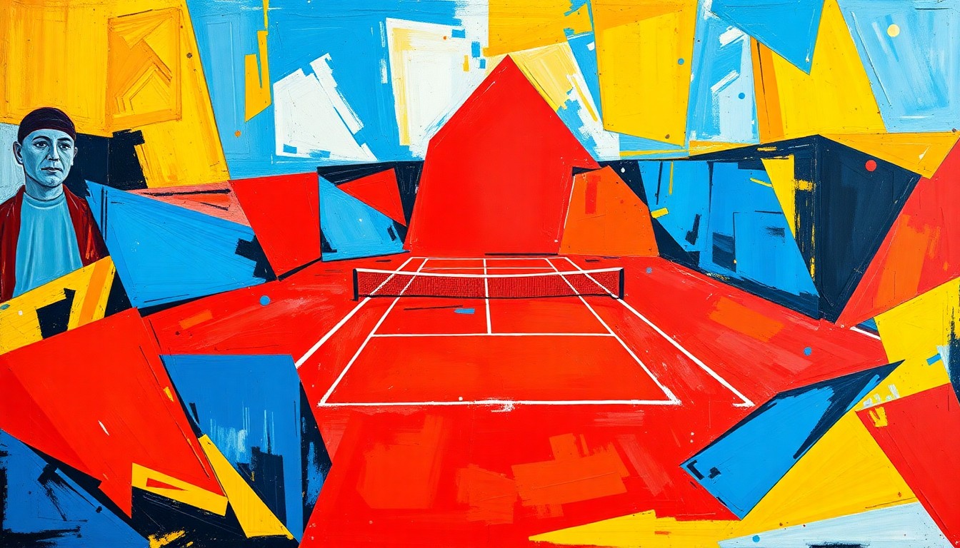 A fragmented, geometric painting depicting a tennis match or competition, with sharp planes of color and overlapping perspectives, capturing the dynamic energy of the sport.