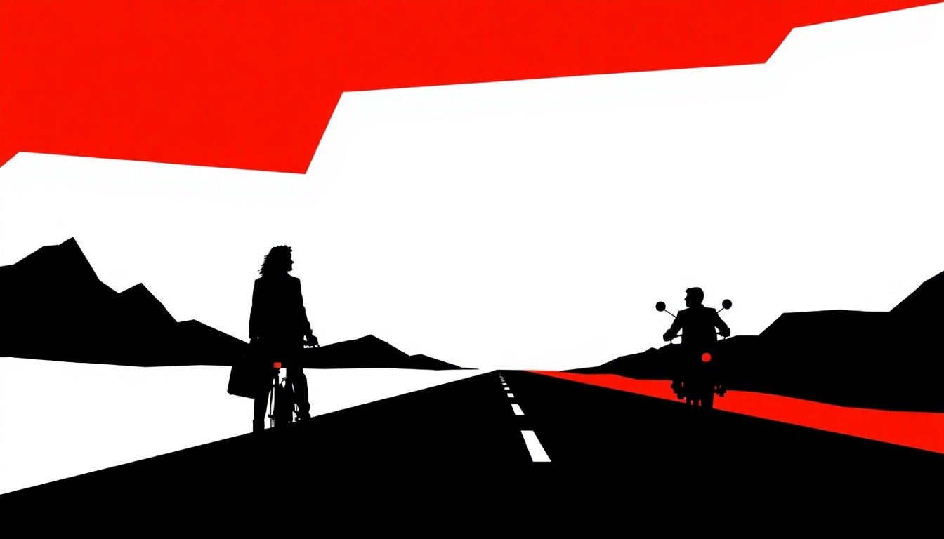 An abstract, minimalist illustration featuring jagged, geometric shapes in bold red and white, conceptually representing the open road and the transformative journey of a rock icon.