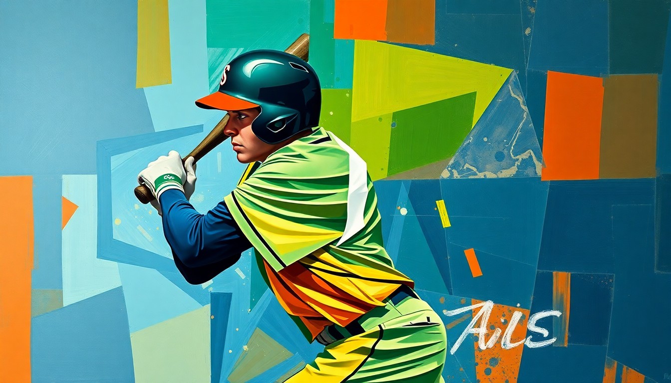 A cubist, geometric painting depicting the dynamic motion of a baseball player swinging a bat, with sharp, overlapping planes of color representing the fractured perspectives.