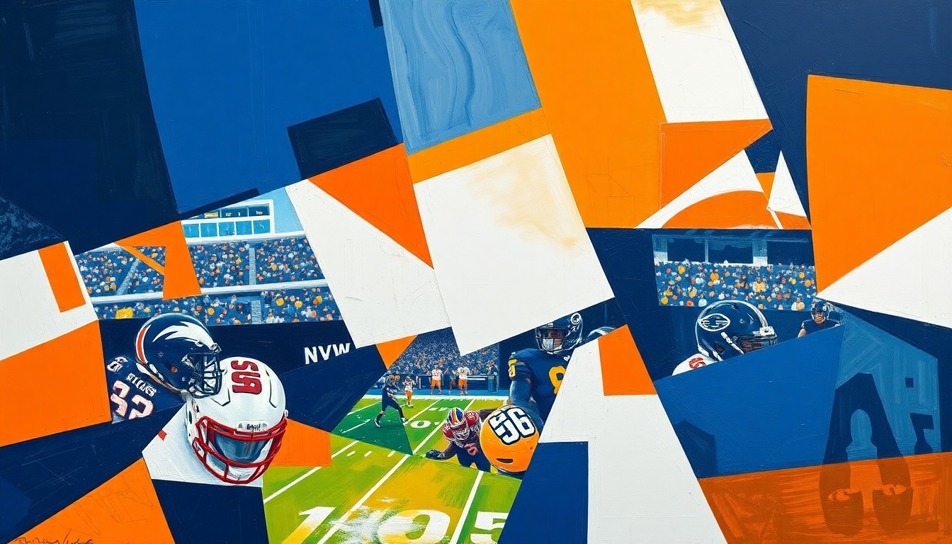 A cubist, geometric painting depicting a fragmented football field or draft room, with sharp, overlapping shapes in navy blue, orange, and white, capturing the strategic complexity of the Bengals' draft decision.