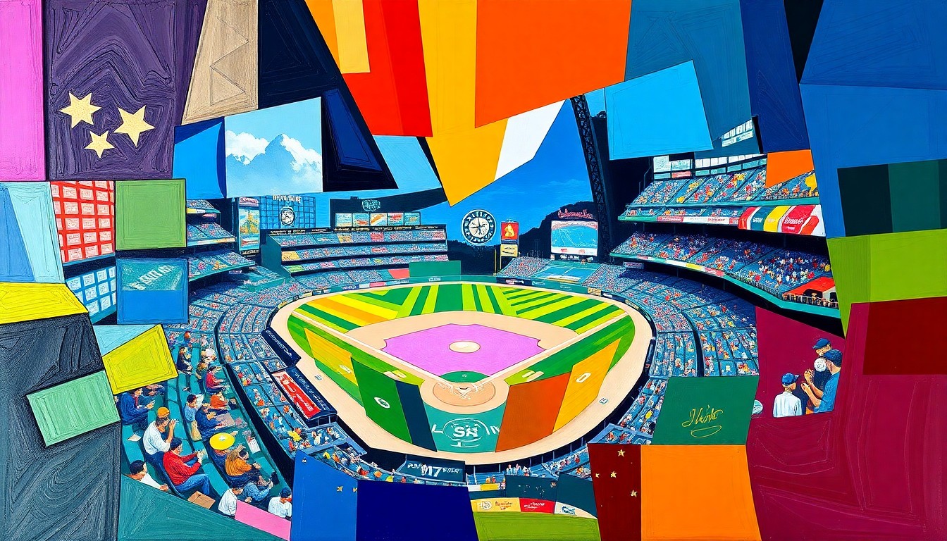 A cubist, geometric painting depicting a fragmented, multi-angled view of a baseball stadium or game, with the vibrant blue, teal, and gold colors of the Seattle Mariners' branding.
