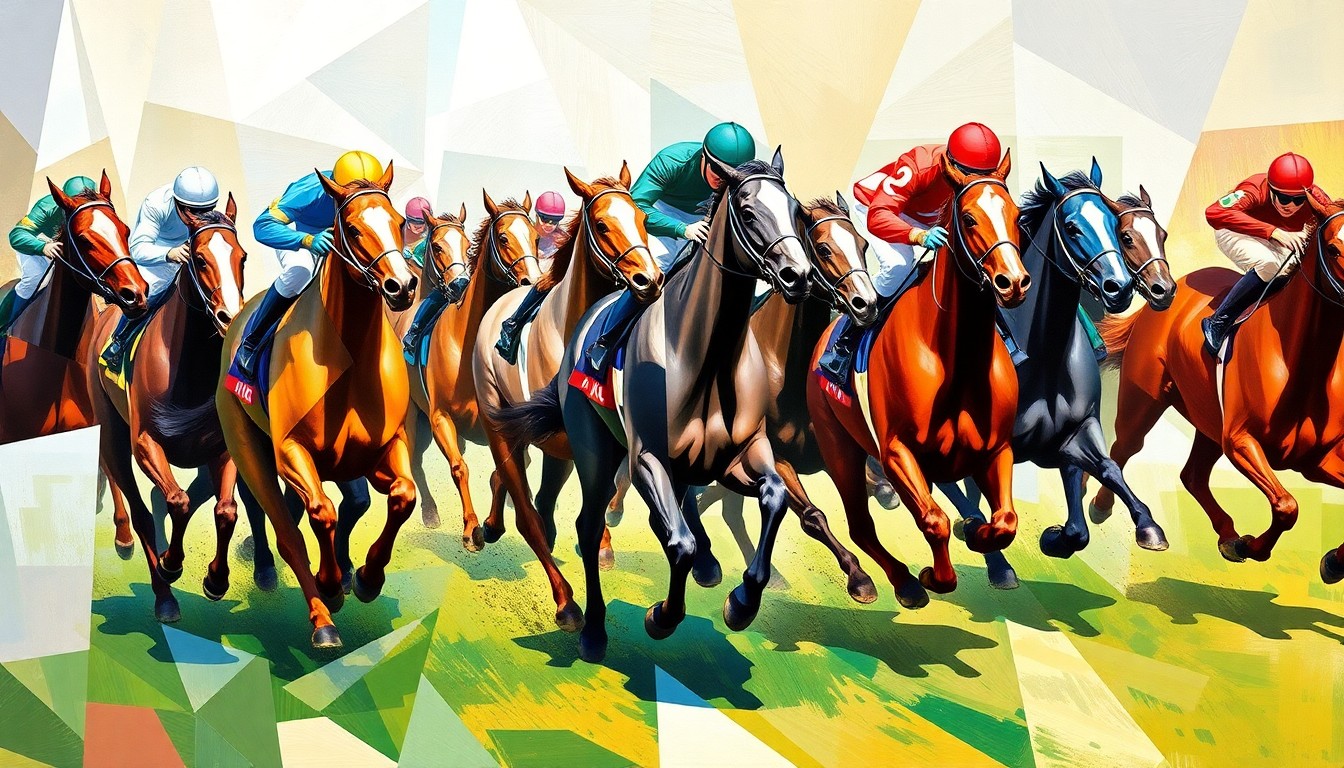 A cubist-style painting depicting a horse race, with the horses and jockeys broken down into sharp, overlapping geometric shapes in a vibrant color palette, conveying the strategic complexity and high-stakes competition of the sport.
