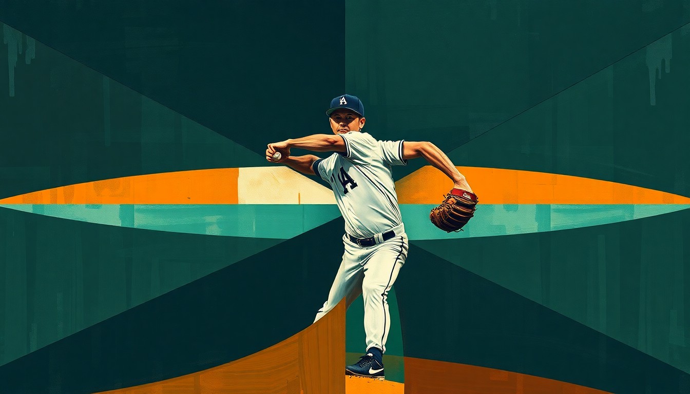 A fragmented, geometric painting depicting the motion of a baseball pitcher, with sharp planes of navy, forest green, and burnt orange colors, conveying the intensity and complexity of trade negotiations in the offseason.