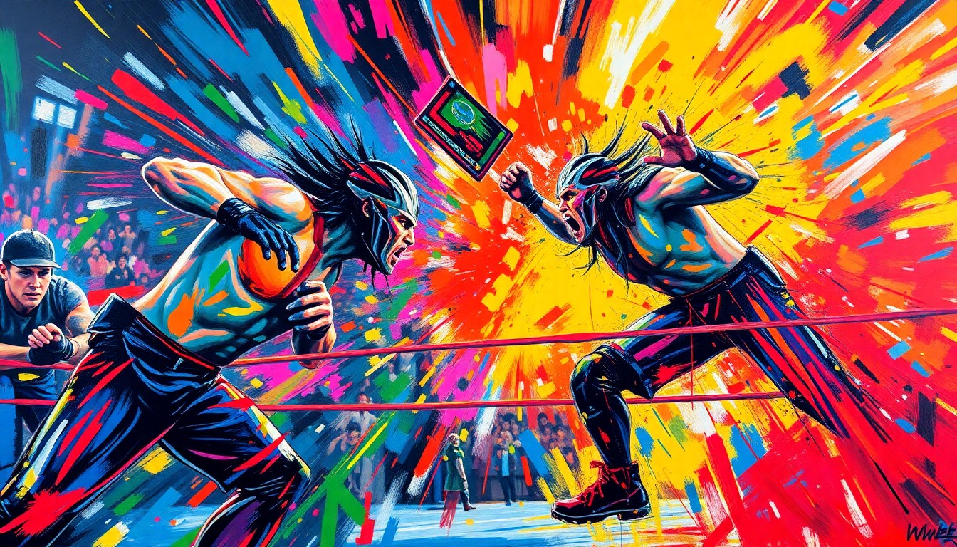An abstract, expressionist painting featuring bold, energetic brushstrokes in neon shades of red, blue, and yellow, capturing the intense action and emotion of the WWE Survivor Series 2025 WarGames matches.