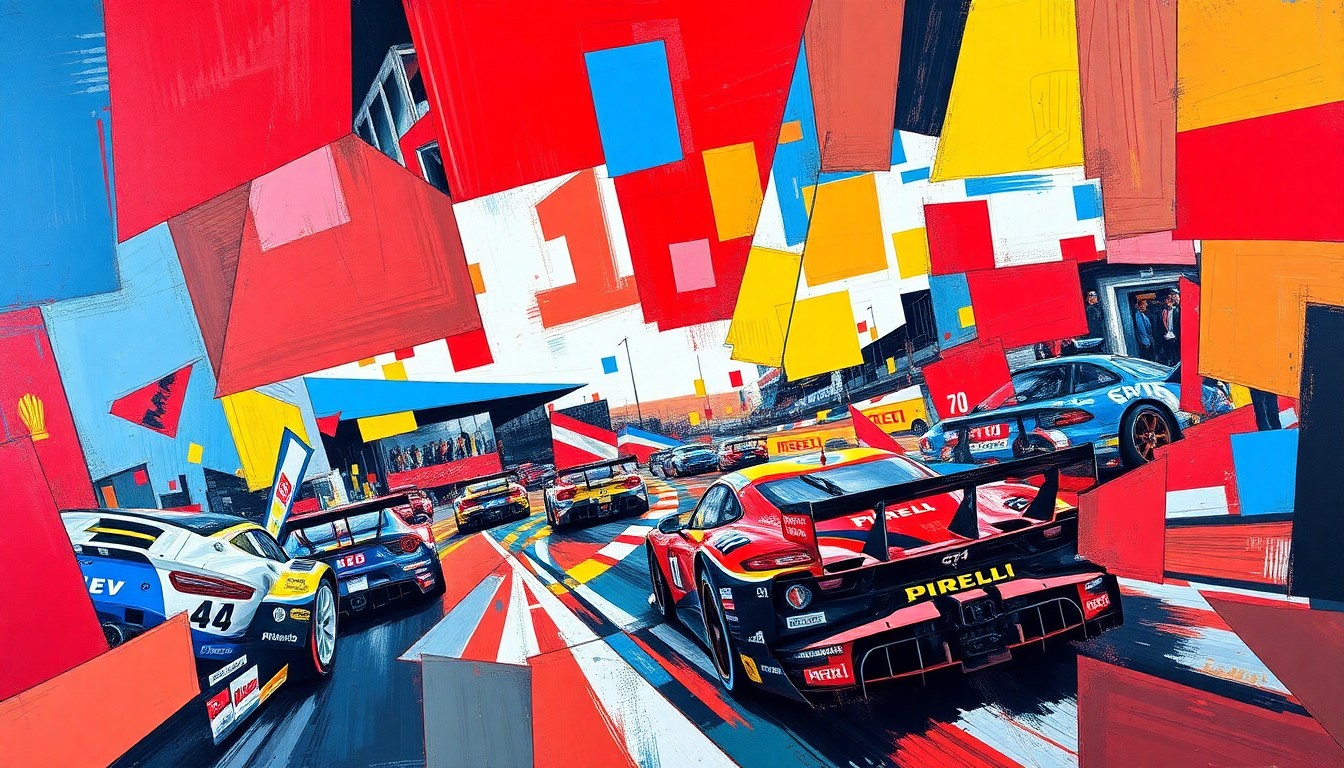 A fractured, geometric painting in bold colors depicting a Pirelli GT4 America race scene, with overlapping planes and shapes capturing the raw energy and strategic nuances of the competition.