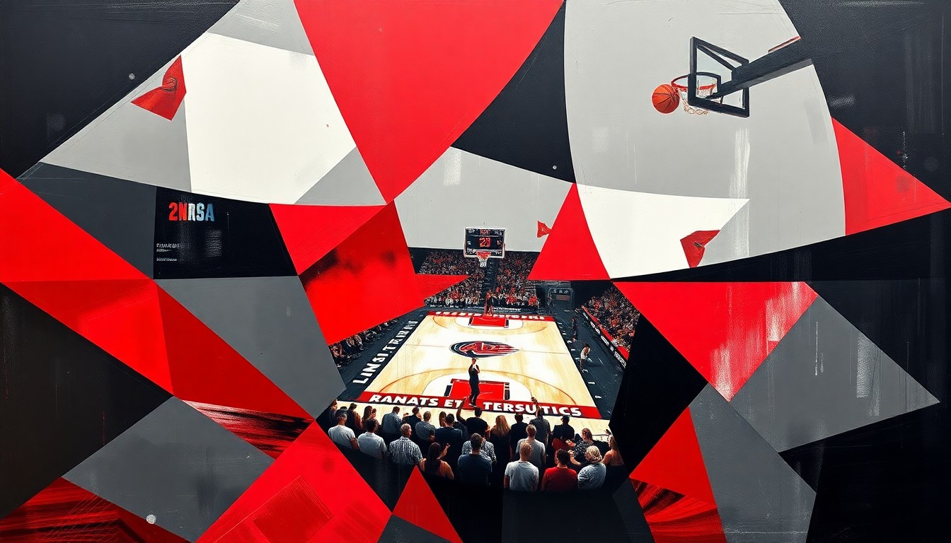 A fractured, cubist-style painting depicting the dynamic movements and energy of a WNBA basketball game, with sharp, overlapping geometric shapes in the Aces' team colors of red, gray, and black, conveying the symbolic significance of Jackie Young's groundbreaking contract.