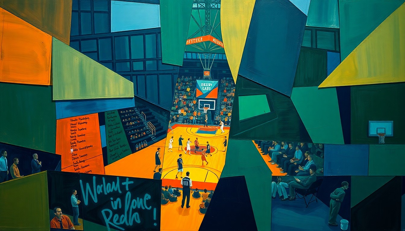 A cubist, geometric painting depicting a fragmented, multi-angled view of a basketball arena, with sharp planes of navy, green, and orange hues conveying the complex financial and operational challenges facing the Dallas Mavericks as they transition to a new home.
