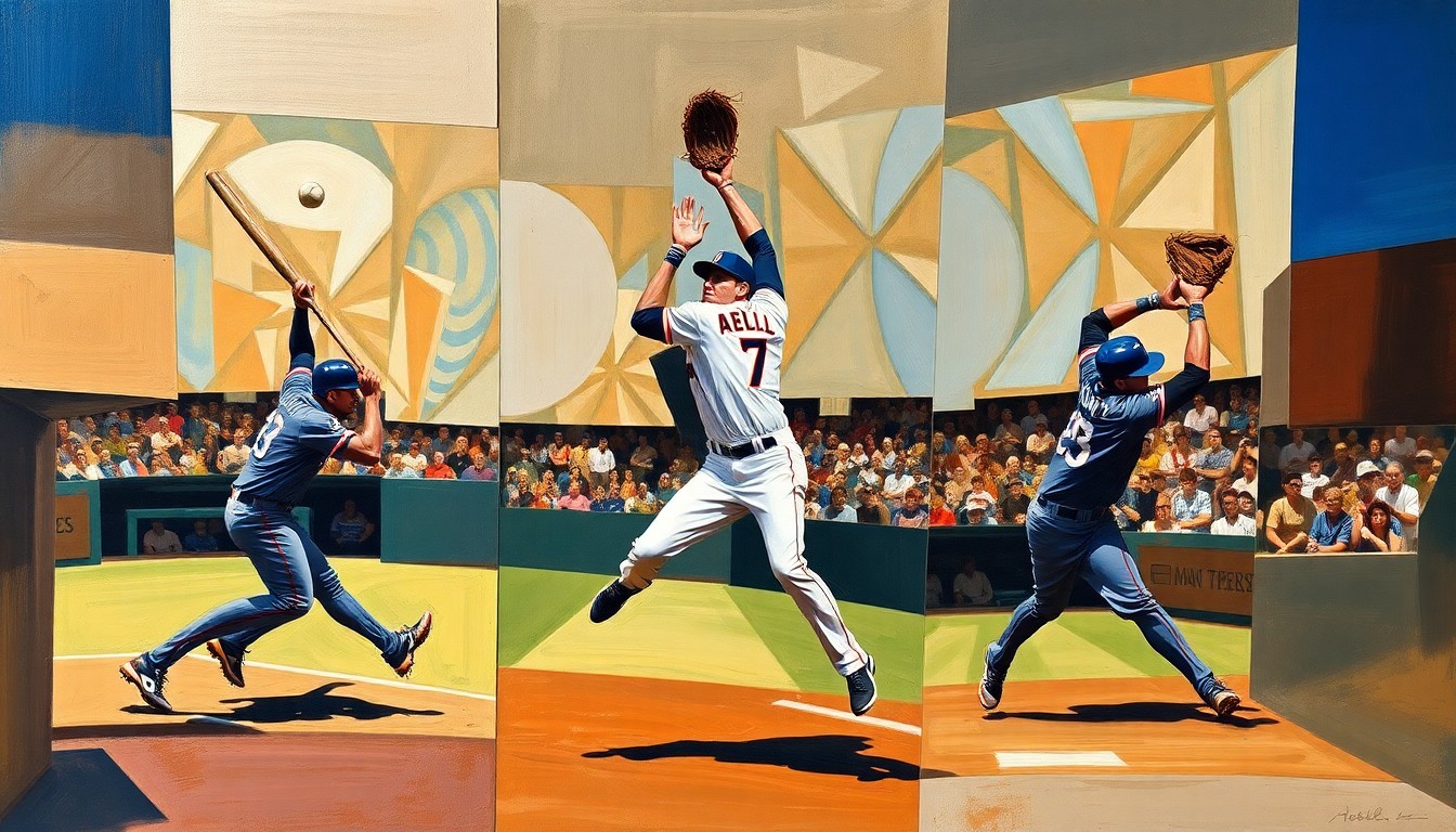 A cubist, geometric painting depicting three separate moments of Jo Adell leaping to catch fly balls, conceptually representing his defensive heroics in robbing the Mariners of home runs.