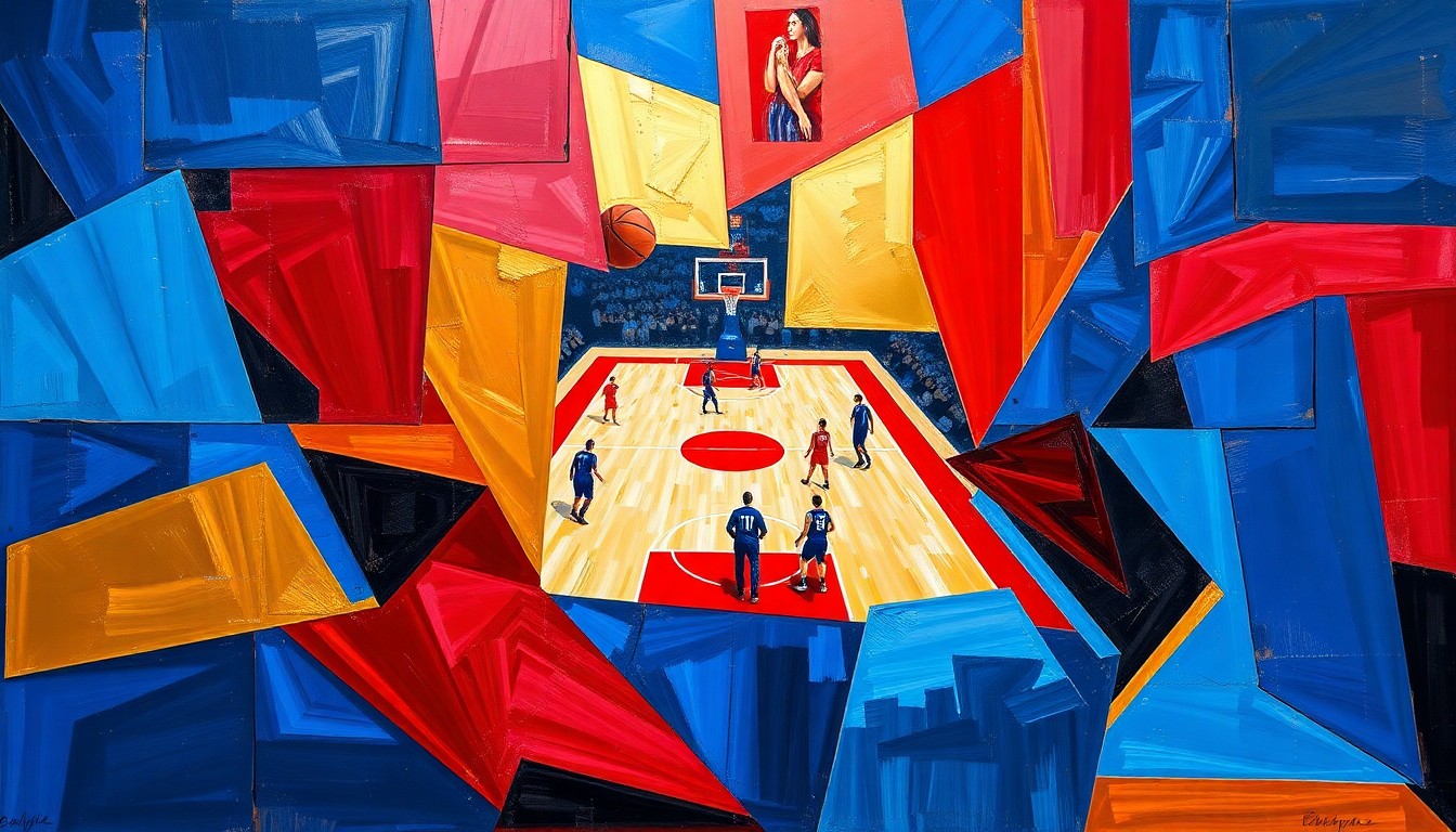 A cubist, geometric painting depicting a fragmented WNBA basketball game, with sharp planes of color and overlapping shapes representing the dynamic action and energy of the sport.