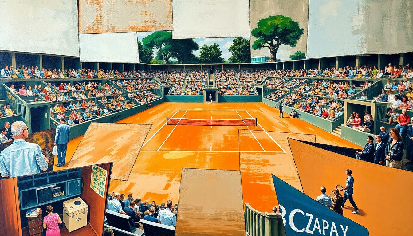 A fragmented, cubist-inspired painting depicting a clay court tennis match, with the players and court broken down into sharp, angular shapes and planes of color, conveying the mental and physical challenges of the surface.
