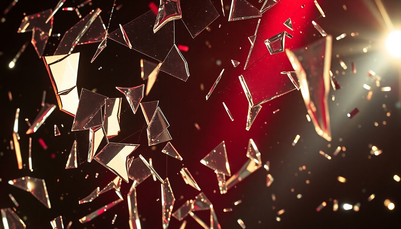 An extreme close-up of shattered glass reflecting dramatic, high-contrast lighting, conceptually representing the rebellious energy and glamour of Sabrina Carpenter's latest music video.