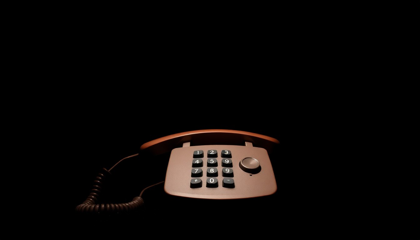 An extreme close-up photograph of a landline telephone receiver against a pitch-black background, lit by a harsh, direct camera flash, conveying a sense of isolation and the gravity of a threatening call.