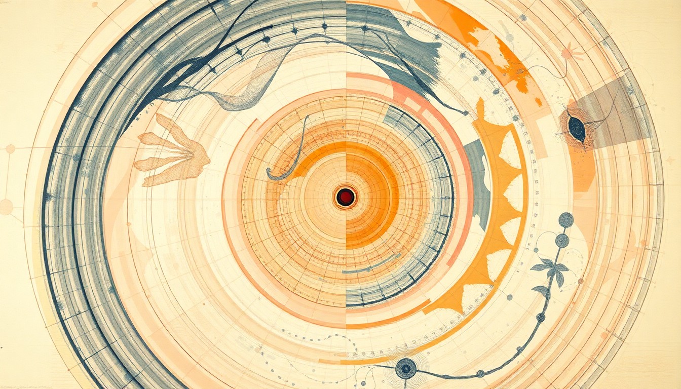 An abstract, geometric illustration in soft, flat colors depicting the complex scientific forces and concepts behind a wireless ureteral stent sleeve and its ability to continuously monitor kidney pressure, conveying the structural order and innovation of this medical technology.