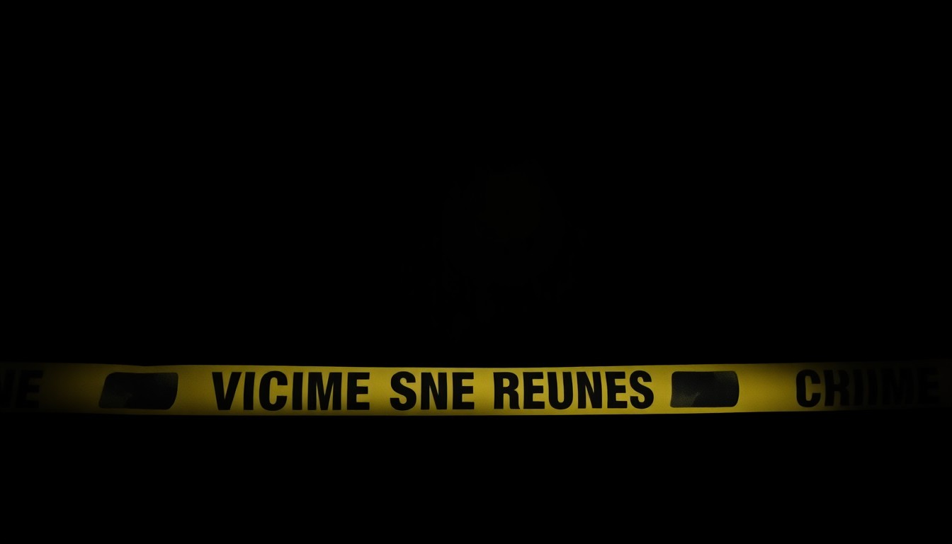 An extreme close-up photograph of a police evidence marker or crime scene tape against a pitch-black background, lit by a harsh, direct camera flash, conceptually representing the investigative nature of the Victims' Rights and Support Hub.
