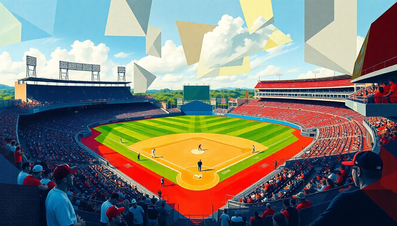 A fractured, geometric painting in bold colors depicting the action and energy of a college baseball game, with the players, field, and stadium deconstructed into abstract shapes and angles.