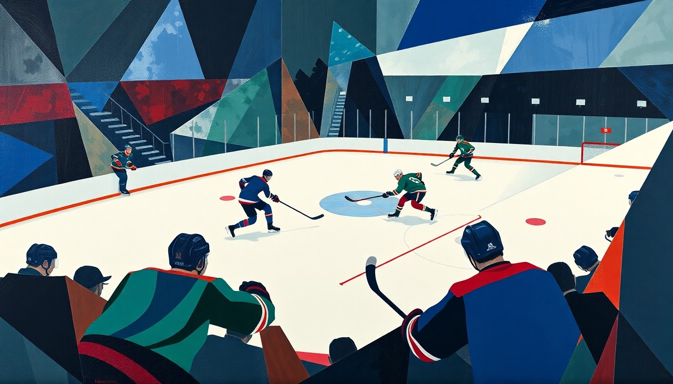 A cubist, geometric painting depicting an abstracted hockey game, with players represented as angular, overlapping forms in a palette of navy, green, and red, conveying the strategic planning and adaptability of the Carolina Hurricanes as they rest key players and evaluate depth ahead of the playoffs.