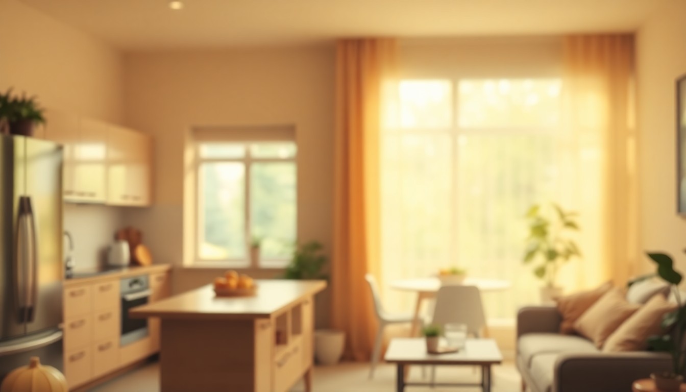 A blurred, impressionistic photograph in soft, warm tones depicting the interior of a modern, open-concept living space with a kitchen, dining area, and living room, hinting at the cozy and inviting atmosphere of the newly renovated townhouse.