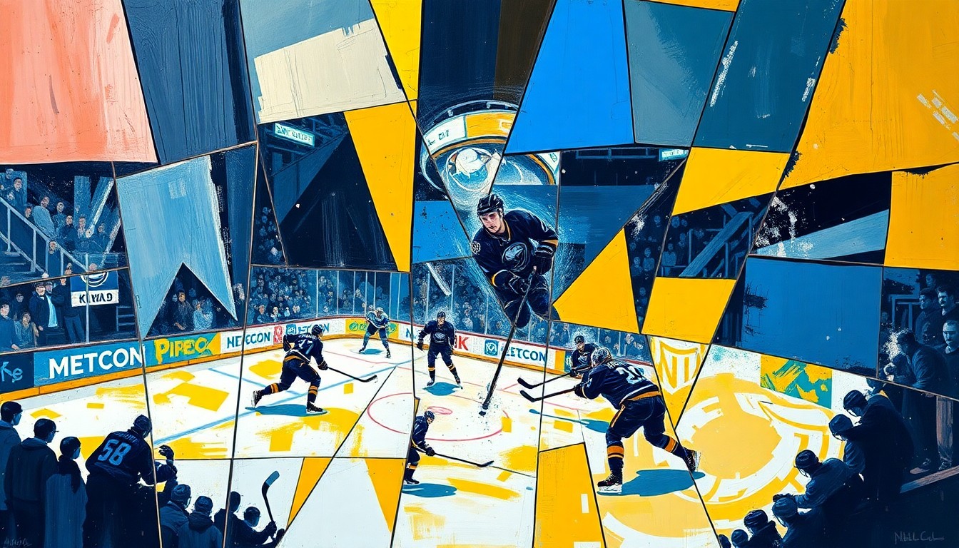 A cubist, geometric painting depicting a hockey game or match, with the players and action broken down into sharp, overlapping shapes and planes in a vibrant color palette.