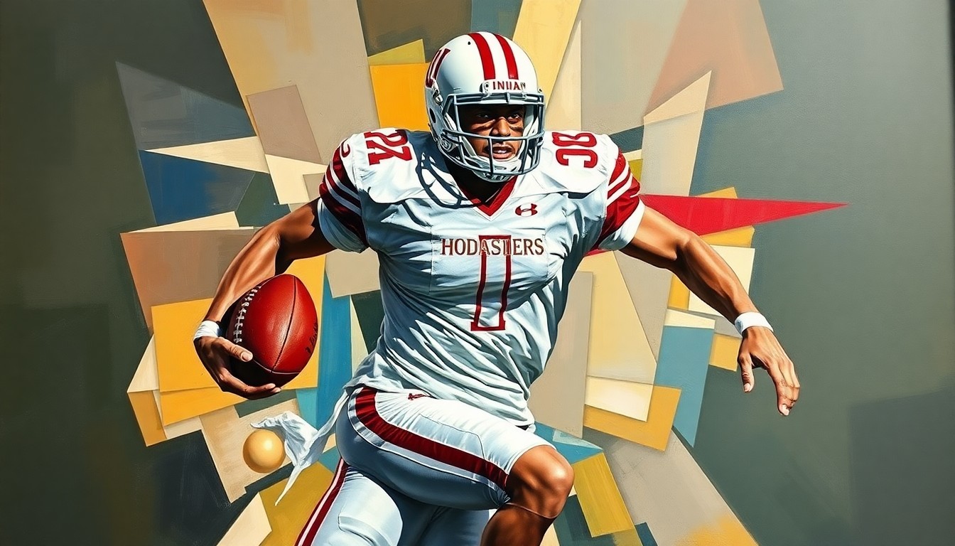 A cubist-style painting of a football player in motion, with their body broken down into sharp, overlapping geometric shapes in shades of red, white, and blue, representing the Indiana Hoosiers colors.