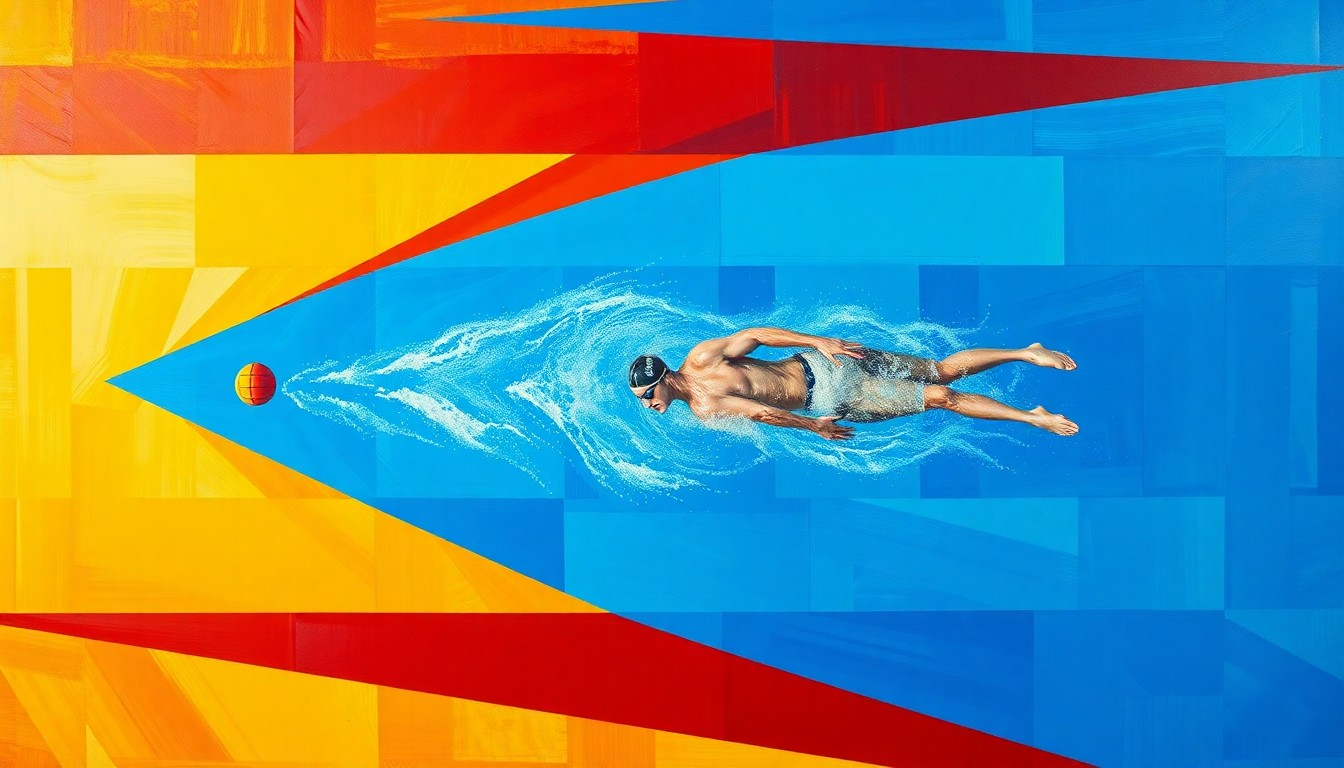 A fractured, cubist-style painting depicting the Arizona State men's 200 medley relay race, with overlapping geometric shapes and planes of vibrant blue, gold, and red colors representing the dynamic movements and energy of the event.
