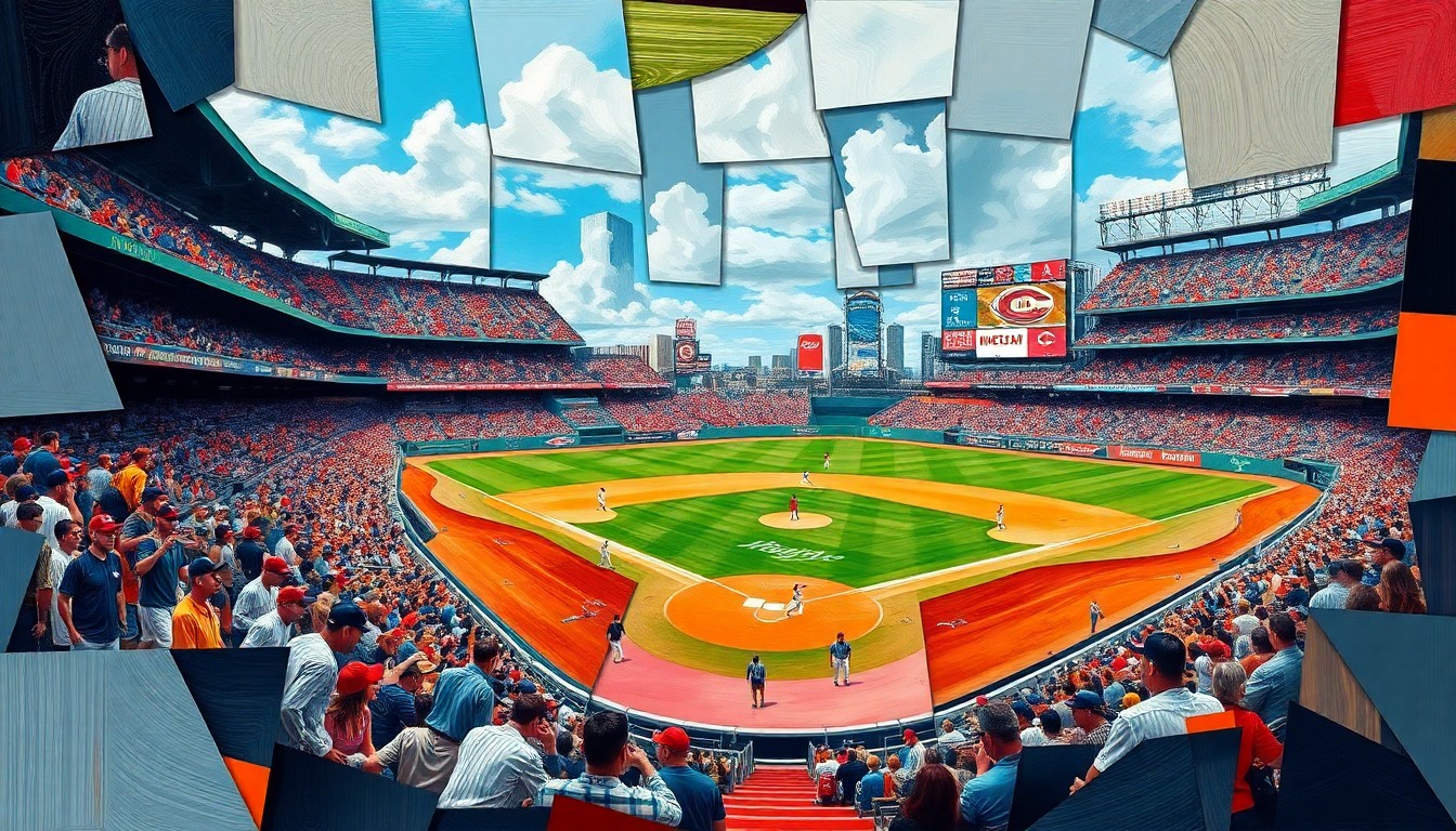 A fragmented, geometric painting depicting a baseball game in motion, with players and field elements broken down into sharp, overlapping shapes and planes, conveying the intensity and tactical complexity of the Marlins' win.