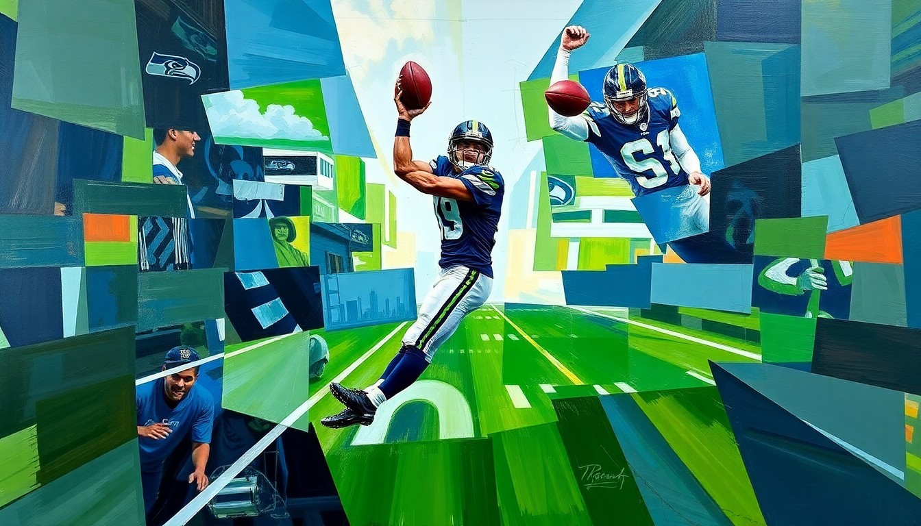 A fragmented, geometric painting depicting a Seattle Seahawks wide receiver making a catch, with the player's form broken down into sharp, overlapping planes of color and shape, conveying the complexities of managing player health and performance in the NFL.