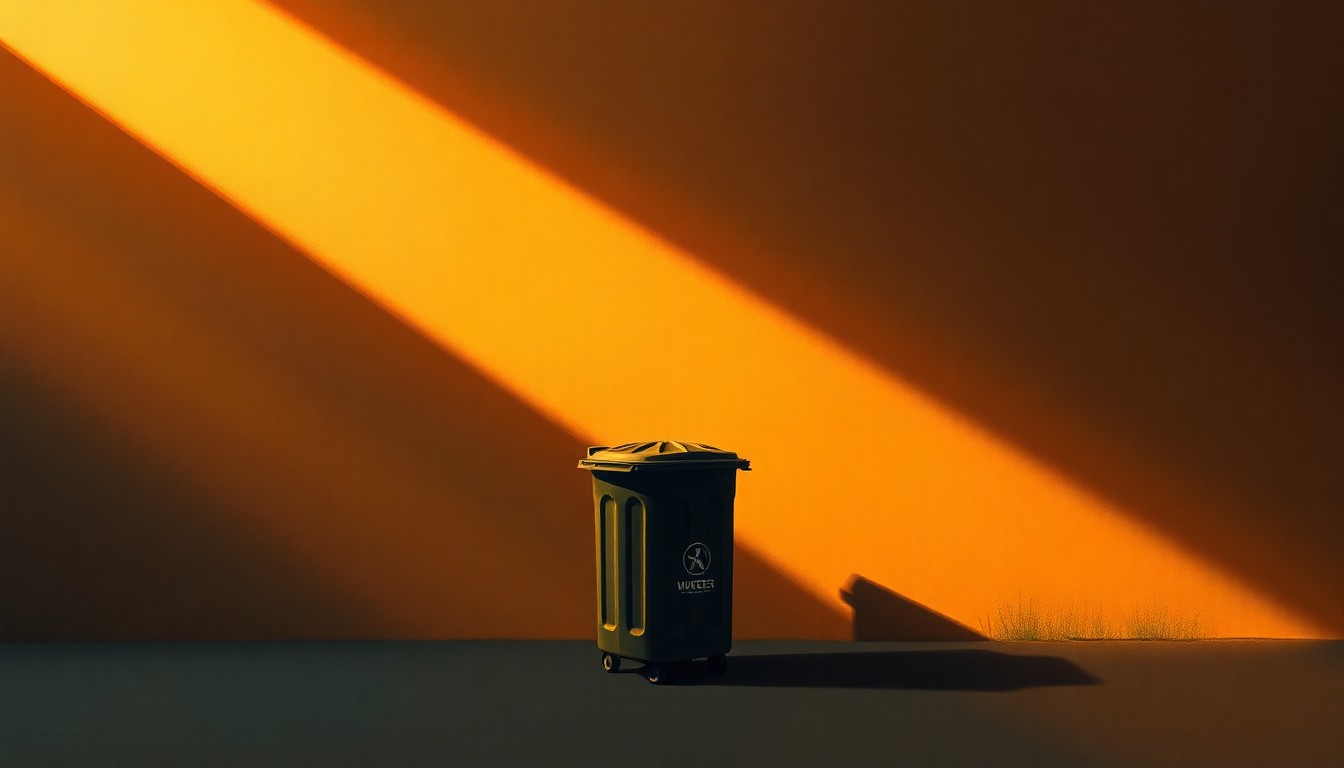 An oil painting depicting a lone trash can or dumpster in an urban setting, with warm sunlight casting deep shadows across the scene, conveying a sense of quiet contemplation around the political and financial issues at the heart of this story.