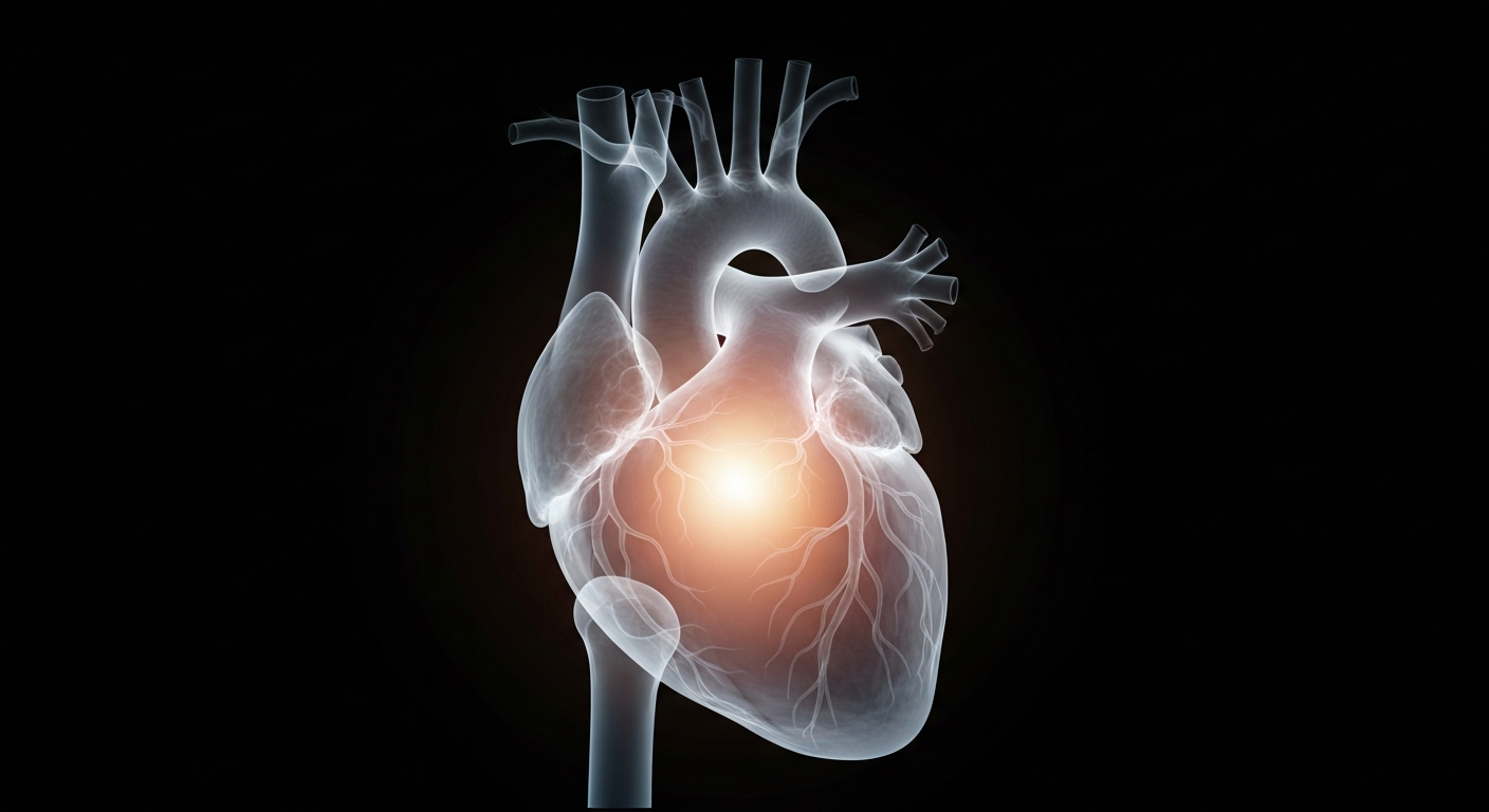 A ghostly, translucent X-ray photograph of a human heart, glowing with an inner light against a dark background, symbolizing the complex medical journey of a young girl who received a heart transplant.