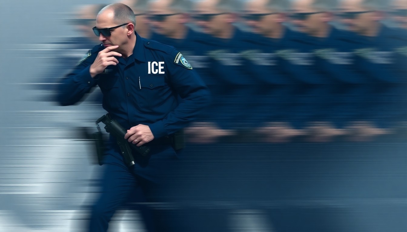A dynamic, abstract painting of an ICE agent in motion, their uniform fragmented and repeated in overlapping geometric shapes and waves of dark blue, grey, and white, conveying a sense of urgency and tension around immigration enforcement.