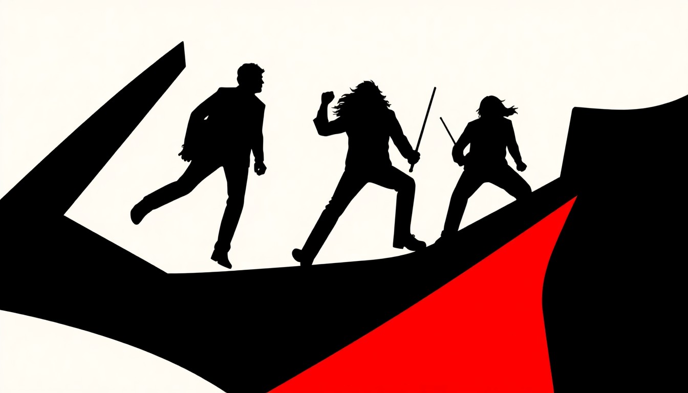 A dramatic, abstract composition of jagged, geometric shapes in bold red and black, conceptually representing the postponement and enduring legacy of the Journey concert tour.