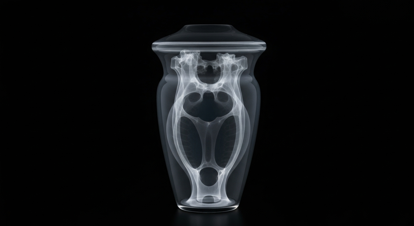 A ghostly, translucent X-ray image revealing the intricate internal structure of a cremation urn, conceptually illustrating the health worries of the local community.