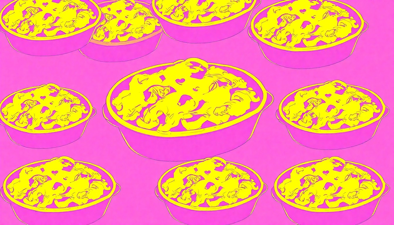 A boldly colored, silkscreen-style illustration featuring a repeating grid of a baked onion casserole dish, capturing the nostalgic comfort and modern flair of this Southern recipe.