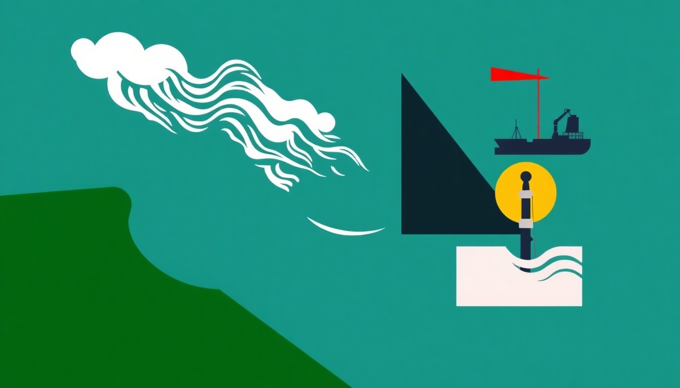 A conceptual illustration featuring bold, geometric shapes in shades of blue, gray, and red, representing the disruptions to oil production and transportation caused by storms and security threats in the Black Sea region.